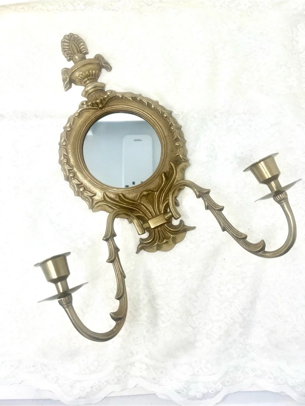Set of 2 Vintage Ornate Brass Wall Mirror Sconce with Dual Candle Holders